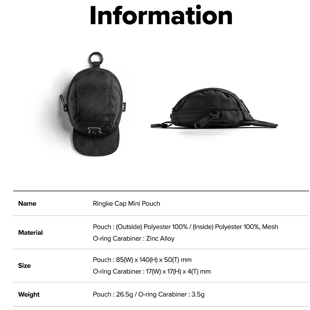 Picture of Ringke Mini Pouch Baseket Ball Cap Design Bag with high quality zipper closure with Carabiner for Small Gadgets (Black)