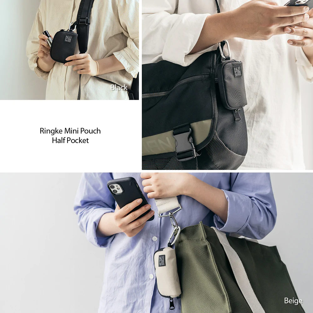 Picture of Ringke Mini Pouch Half-Pocket Bag Miniature with Zipper Closure with Carabiner for Small Gadgets (Black)