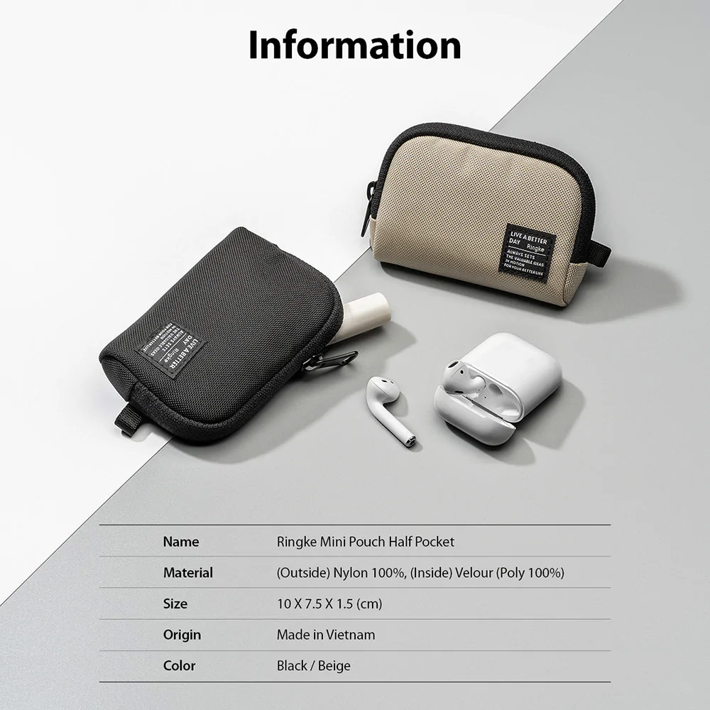 Picture of Ringke Mini Pouch Half-Pocket Bag Miniature with Zipper Closure with Carabiner for Small Gadgets (Black)