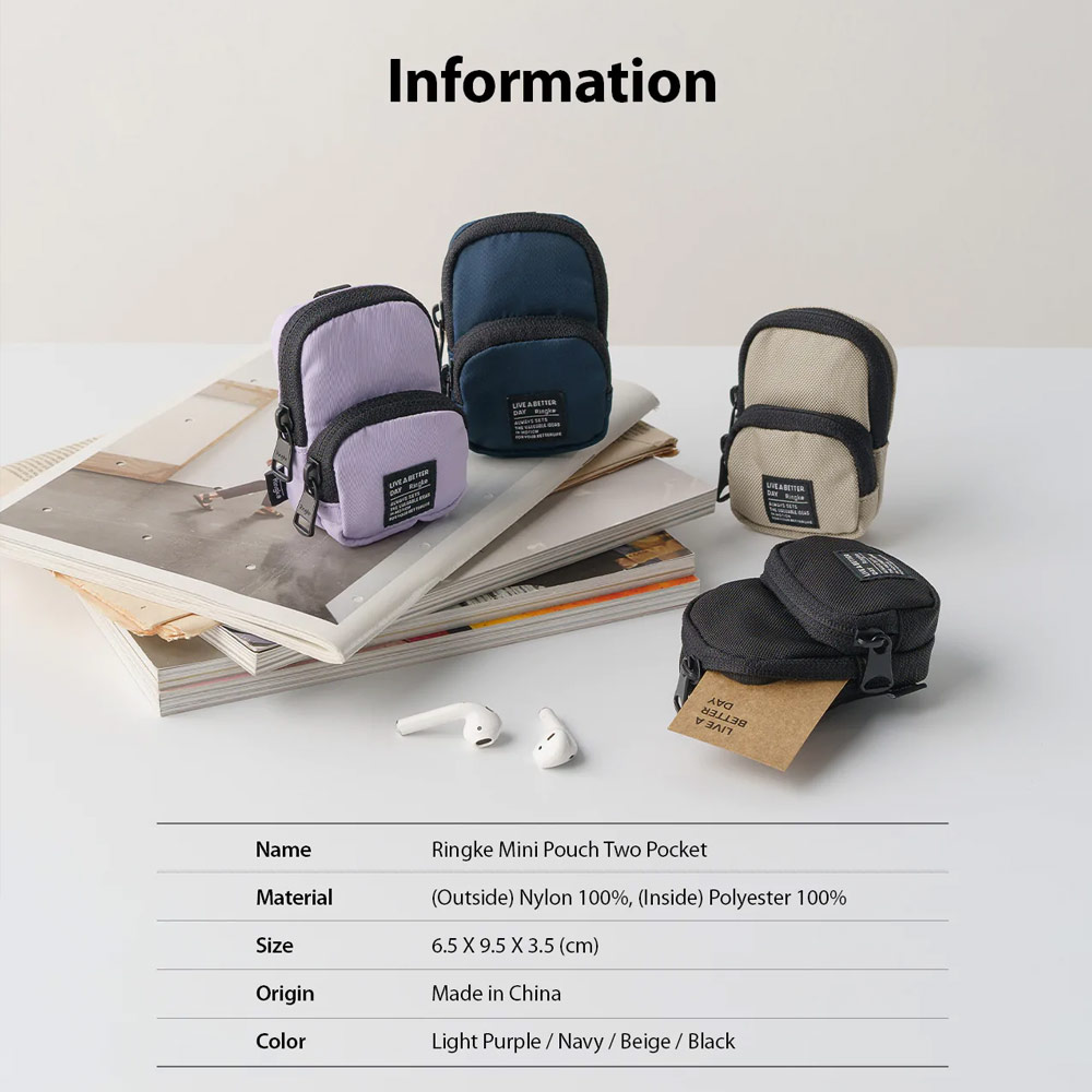 Picture of Ringke Mini Pouch Two Pocket Bag Miniature with Zipper Closure with Carabiner for Small Gadgets (Black)