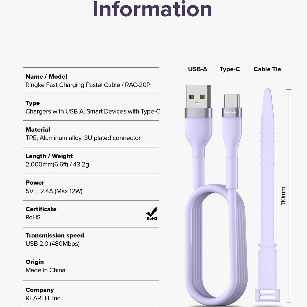 Picture of Ringke Pastel TPE Durable Cable with Cable Tie Organizer QC2.0 Fast Charge USB A to Type C (Purple 200cm)