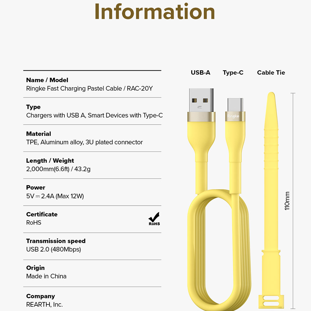 Picture of Ringke Pastel TPE Durable Cable with Cable Tie Organizer QC2.0 Fast Charge USB A to Type C (Yellow 200cm)