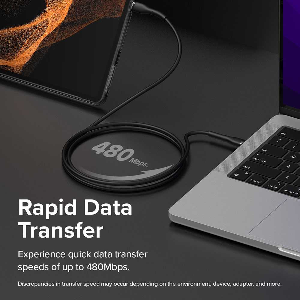 Picture of Ringke Pastel TPE Durable Cable with Cable Tie Organizer 3A Max 60W Fast Charge USB C to Type C (Black 120cm)