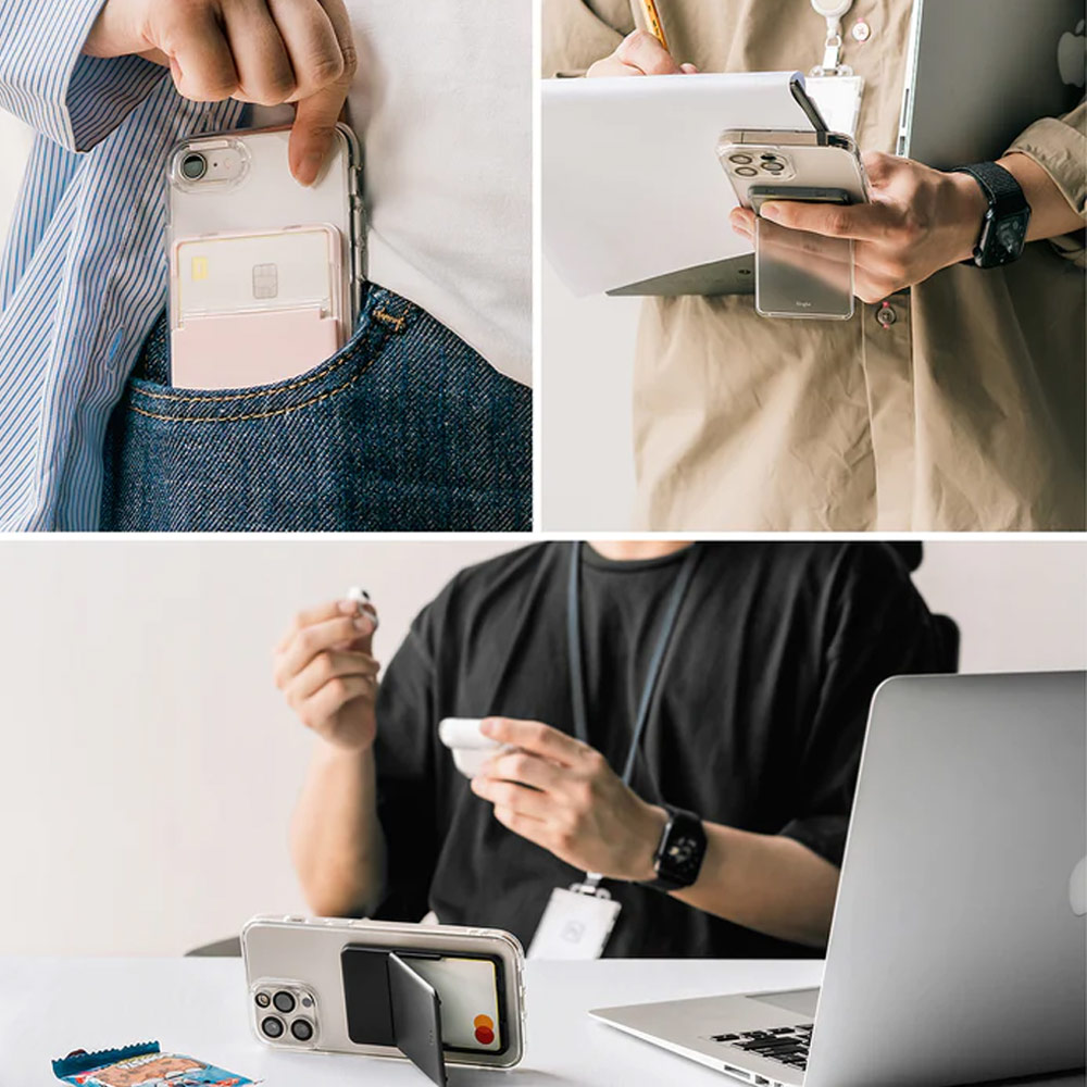 Picture of Ringke 2 in 1 Adhesive Card Holder Stand Slot Kickstand with High Quality PC Material for Smartphone (Clear Light Gray)