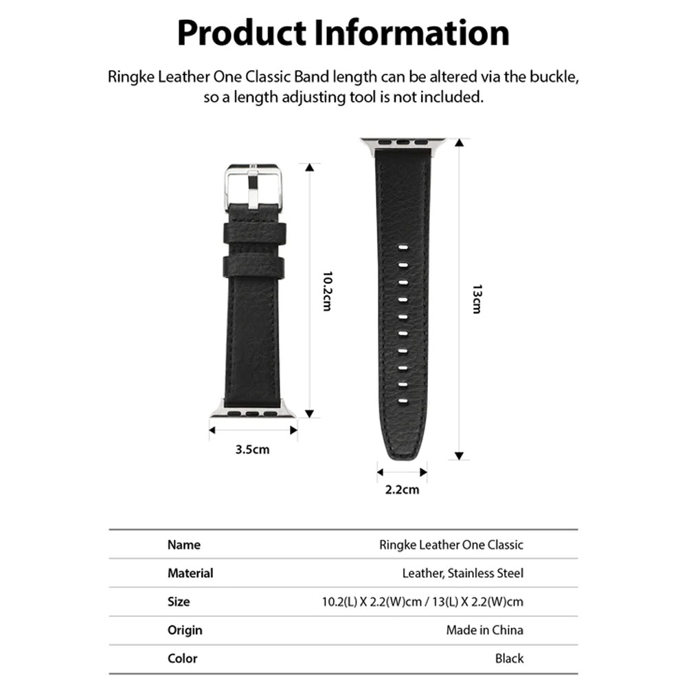 Picture of Apple Watch 49mm	Ultra 3  | Ringke Genuine Leather One Classic Strap for Apple Watch Series 4 5 6 8 9 42mm 44mm 45mm 49mm Ultra (Black)