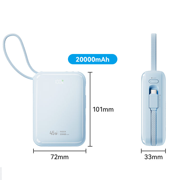 Picture of ROCK Interstellar CCC Certified 45W Power Bank with Built-in Cables 20000mAh Travel Portable Small Palm Size Compact Mini Power Bank powerbank with Multiple Built in Cable USB C USB L (Blue)