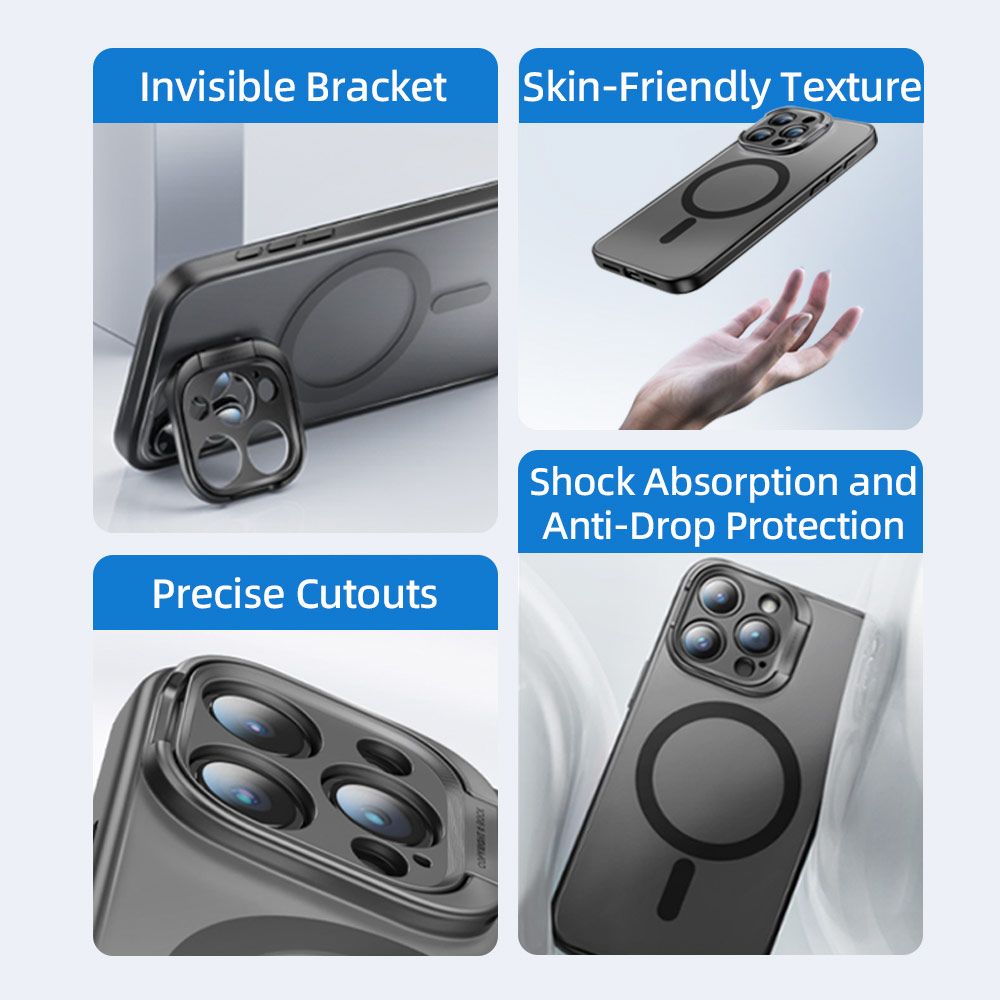 Picture of Apple iPhone 15 Pro 6.1 Case | Rock Guard Foldable Lens Bracket Kickstand Magnetic Drop Protection Case for iPhone 15 Pro 6.1 (Blue)