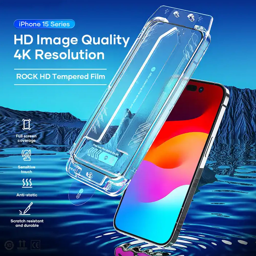Picture of Apple iPhone 15 Pro 6.1  | Rock 4K HD Full Coverage Tempered Glass with Installation Kit Helper for iPhone 15 Pro 6.1 (HD Clear)