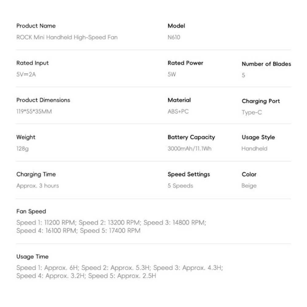 Picture of Rock 5 Ultra Speed Strong Wind Force Portable Mini Handheld Fan 3000mAh 17400RPM (Beige)