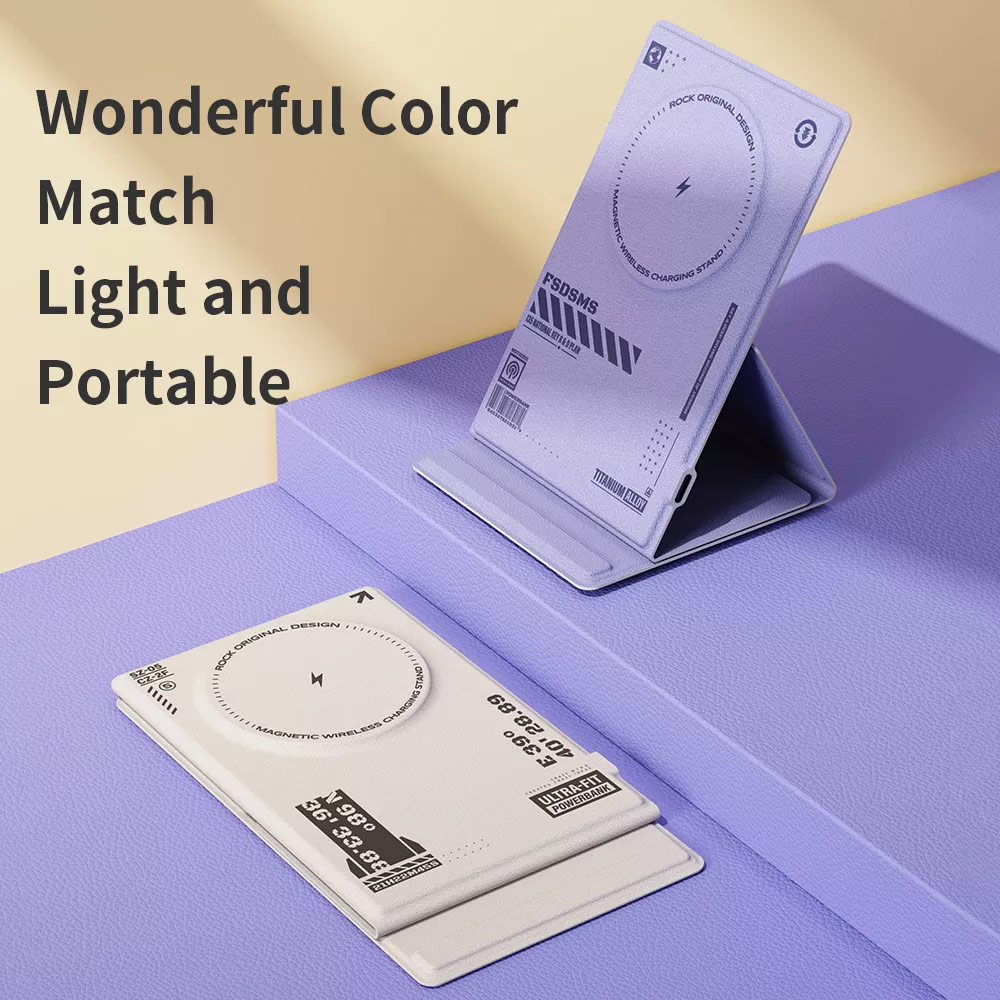 Picture of ROCK W50 PU Leather Phone Holder Stand with Magnetic Wireless Charging Fast Wireless Charger 15W Max for IPhone 14 Pro Max 13 Pro Max 12 Pro Max (White)