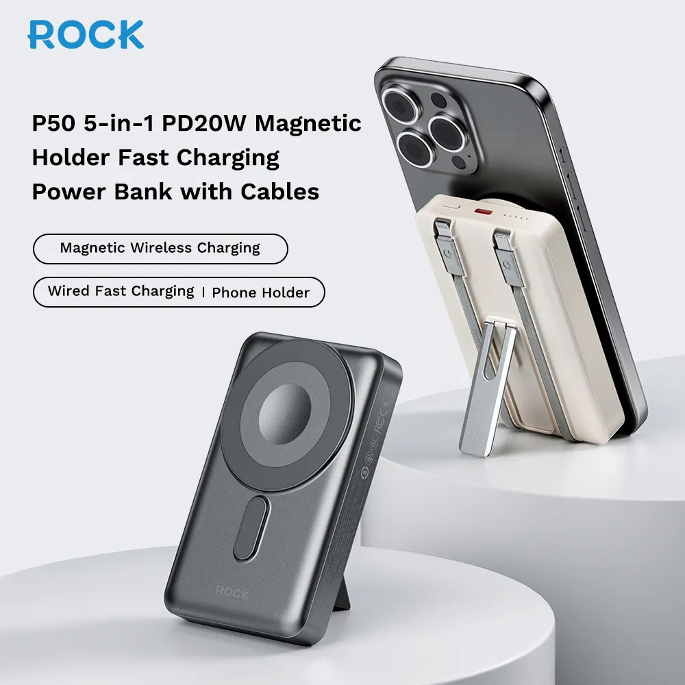 Picture of Rock CCC 3C Certified Power Bank Magnetic PD20W 15W Magnetic Wireless Charging Fast Charge 10000mAh Travel Portable CCC Power Bank powerbank with Built in Stand Cable for Apple Watch AirPods Smartphones (Grey)