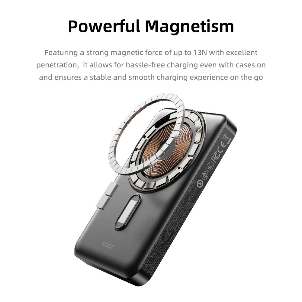 Picture of Rock CCC 3C Certified Power Bank Magnetic PD20W 15W Magnetic Wireless Charging Fast Charge 10000mAh Travel Portable CCC Power Bank powerbank with Built in Stand Cable for Apple Watch AirPods Smartphones (Grey)