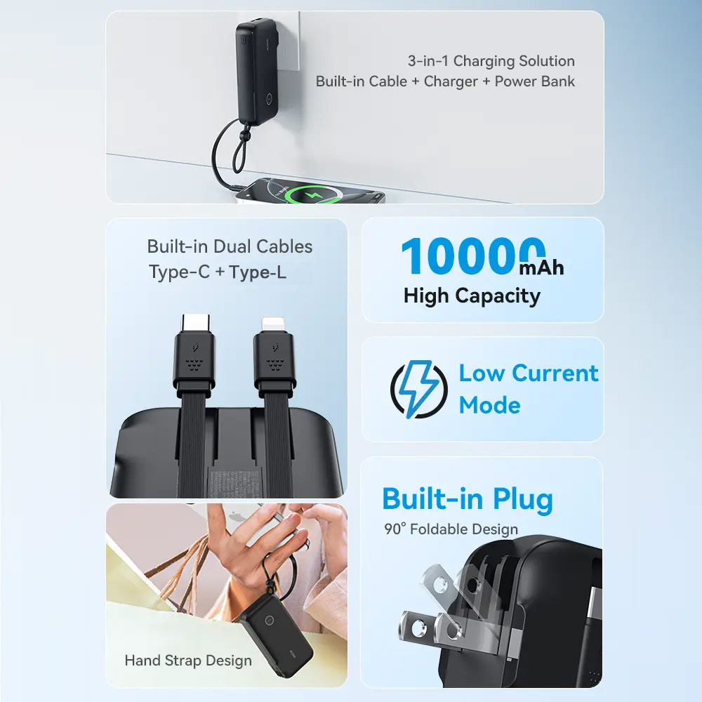 Picture of Rock Wall Charger 22.5W Power Bank 10000mAh Travel Portable  with Multiple Built in Cable USB C USB L and US UK EU Plugs (Black)