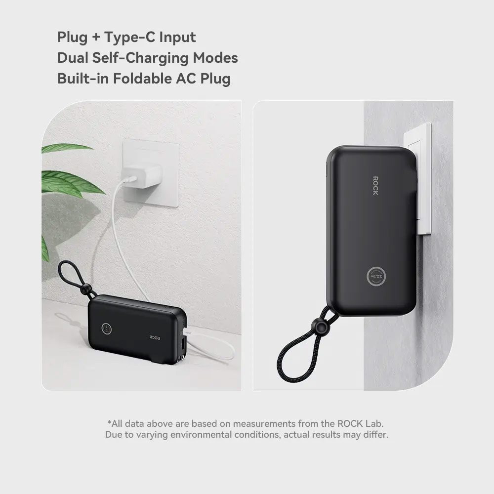 Picture of Rock Wall Charger 22.5W Power Bank 10000mAh Travel Portable  with Multiple Built in Cable USB C USB L and US UK EU Plugs (Black)