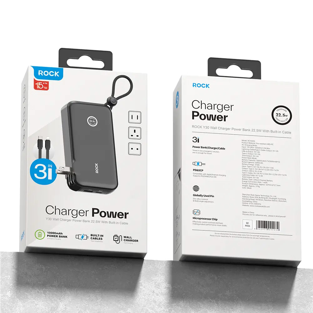 Picture of Rock Wall Charger 22.5W Power Bank 10000mAh Travel Portable  with Multiple Built in Cable USB C USB L and US UK EU Plugs (Black)