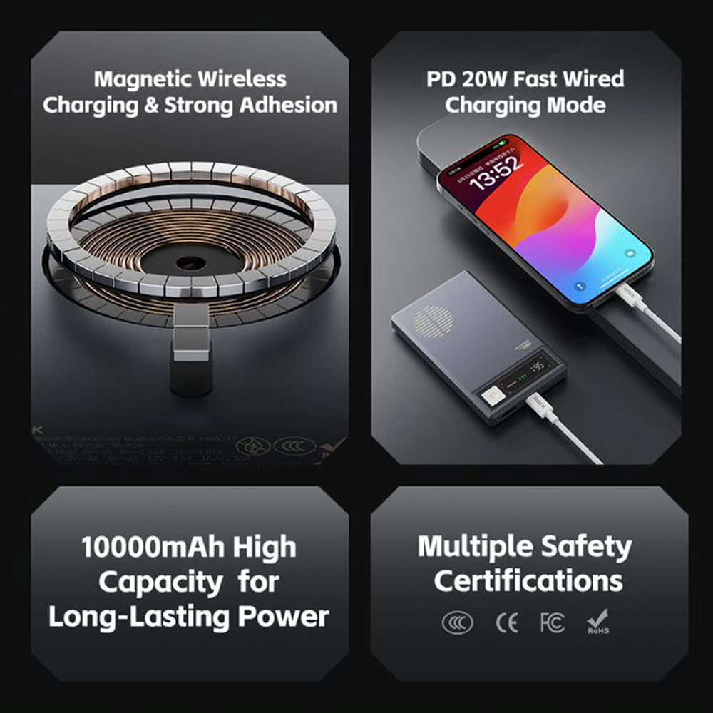Picture of Rock CCC 3C Certified Power Bank Retro PD20W 15W Magnetic Wireless Charging Fast Charge 10000mAh Travel Portable Small Palm Size Compact Mini Slim Thin Power Bank powerbank (Grey)