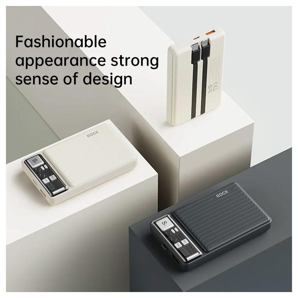 Picture of Rock P92 Fast Charge PD 20W 10000mAh Travel Portable Small Palm Size Compact Mini Power Bank powerbank with Multiple Built in Cable USB C USB L (White Beige)