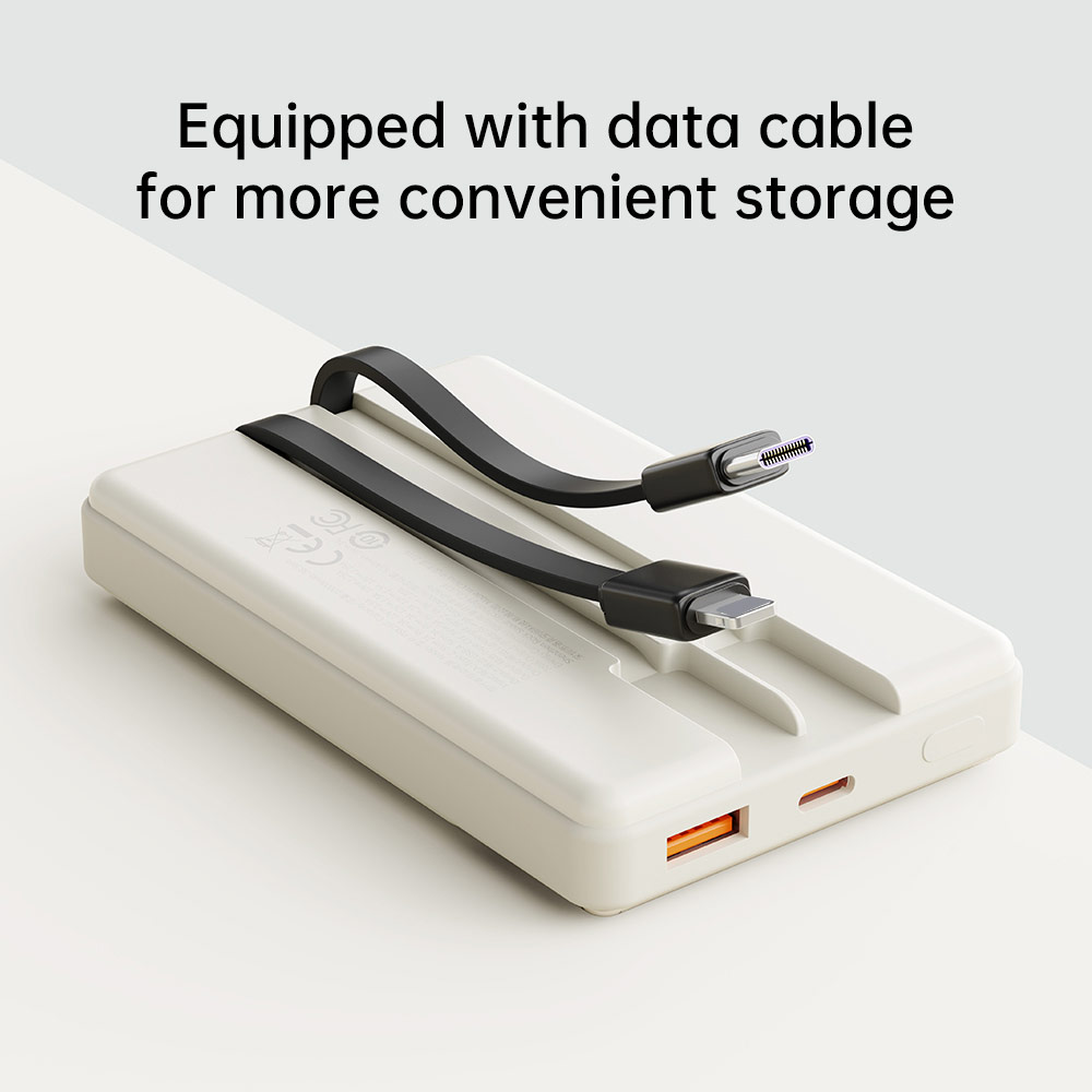 Picture of Rock P92 Fast Charge PD 20W 10000mAh Travel Portable Small Palm Size Compact Mini Power Bank powerbank with Multiple Built in Cable USB C USB L (White Beige)