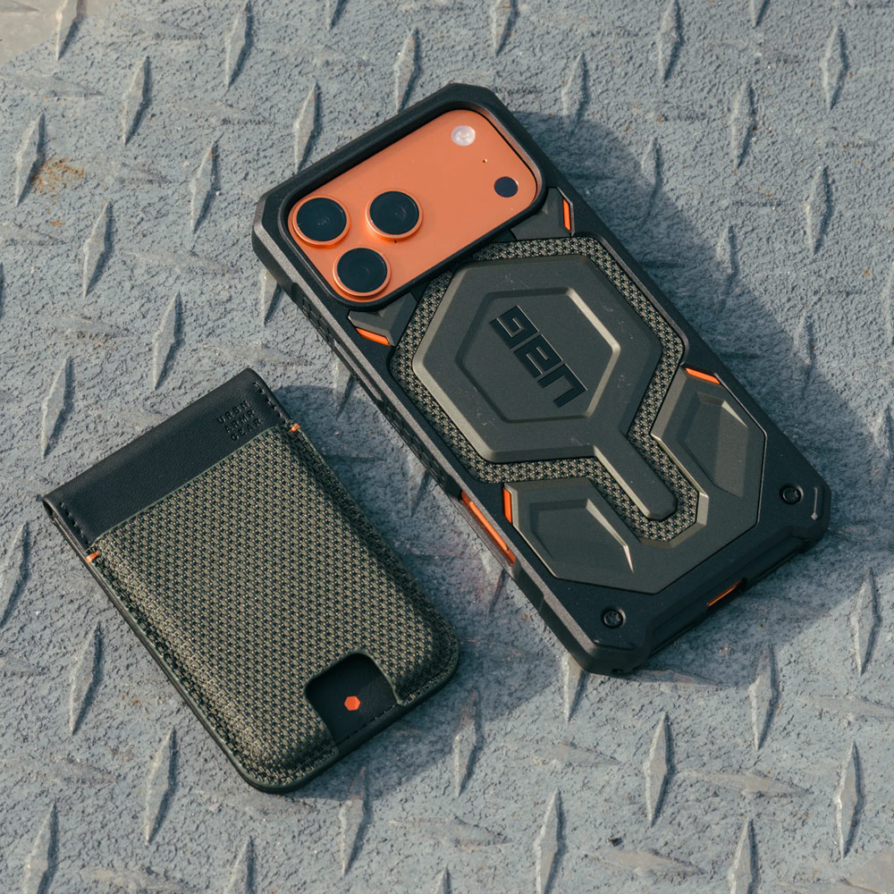 Picture of Apple iPhone 13 6.1  | UAG Metropolis Kevlar Leather MagSafe Wallet and Stand Kickstand Card Holder Phone Stand (Kevlar Element Green)