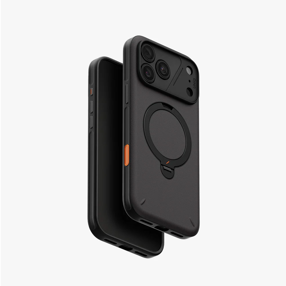 Picture of Apple iPhone 18 Pro Case | Uniq Elix 360 Kickstand Leather Drop Protection Magnetic Case with Camera Control Button for iPhone 18 Pro - Charcoal Grey