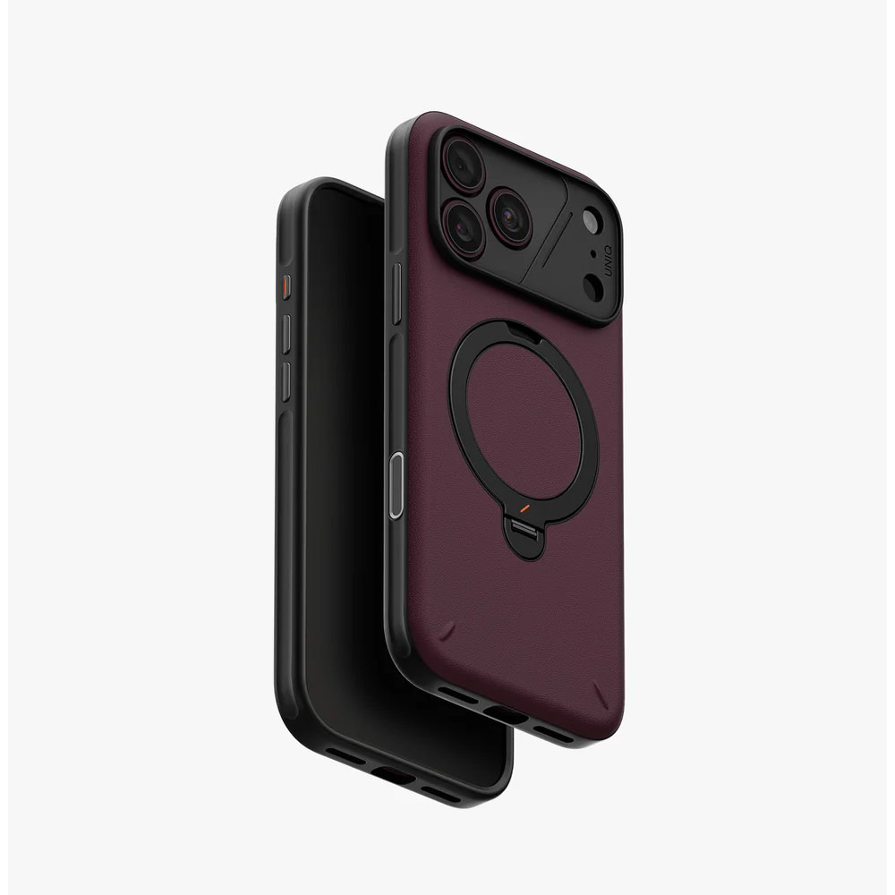 Picture of Apple iPhone 18 Pro Max Case | Uniq Elix 360 Kickstand Leather Drop Protection Magnetic Case with Camera Control Button for iPhone 18 Pro Max  - Deep Maroon