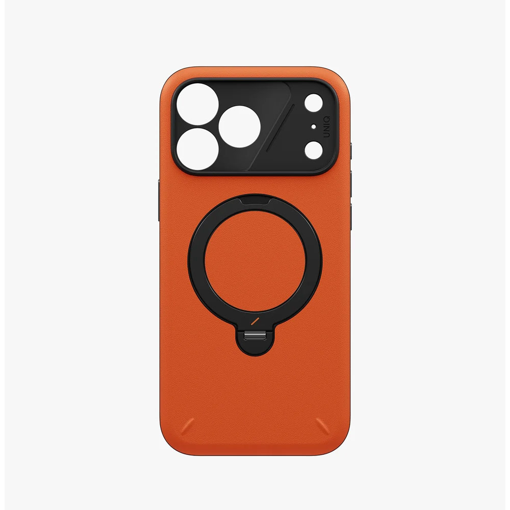 Picture of Apple iPhone 18 Pro Case | Uniq Elix 360 Kickstand Leather Drop Protection Magnetic Case with Camera Control Button for iPhone 18 Pro - Volt Orange