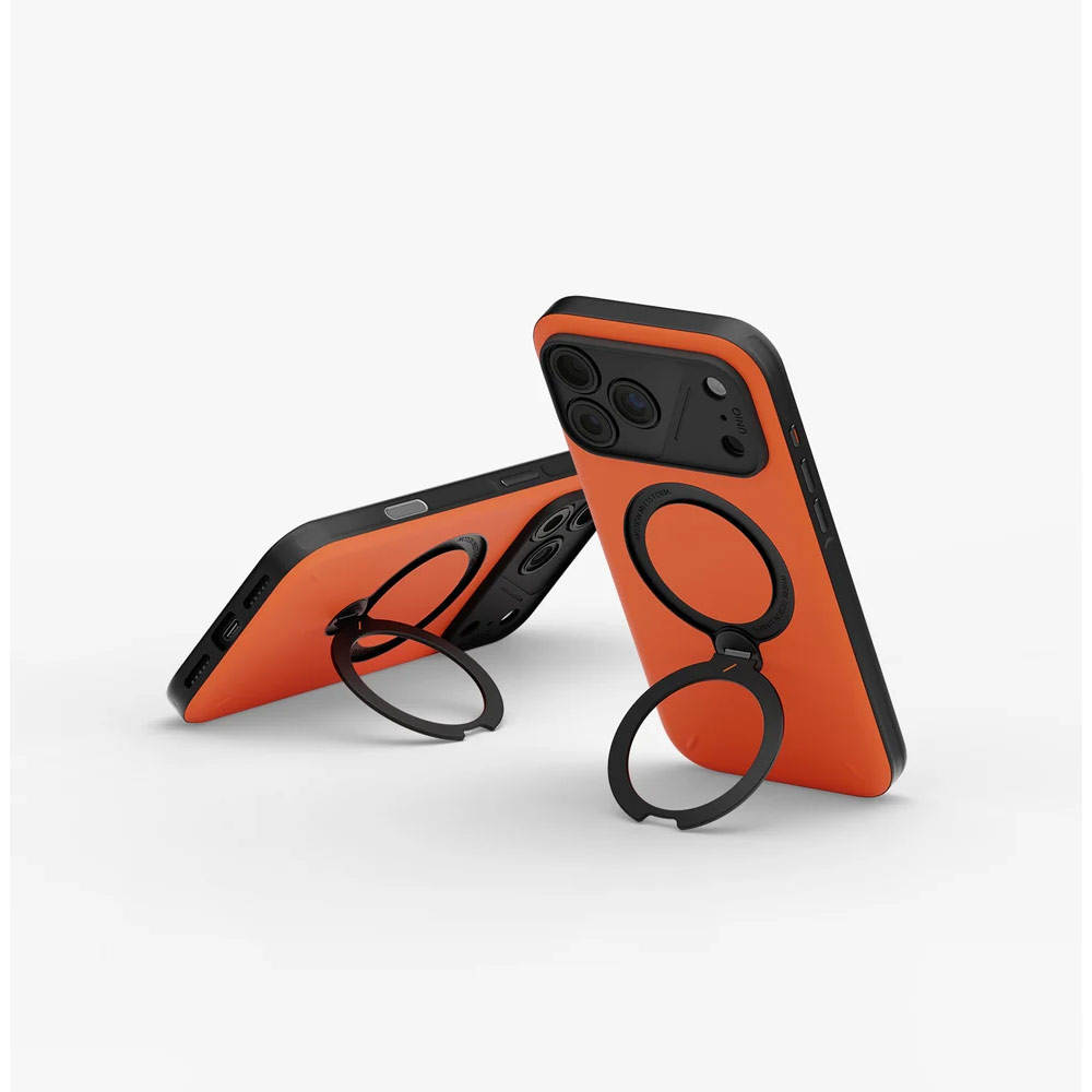 Picture of Apple iPhone 18 Pro Case | Uniq Elix 360 Kickstand Leather Drop Protection Magnetic Case with Camera Control Button for iPhone 18 Pro - Volt Orange