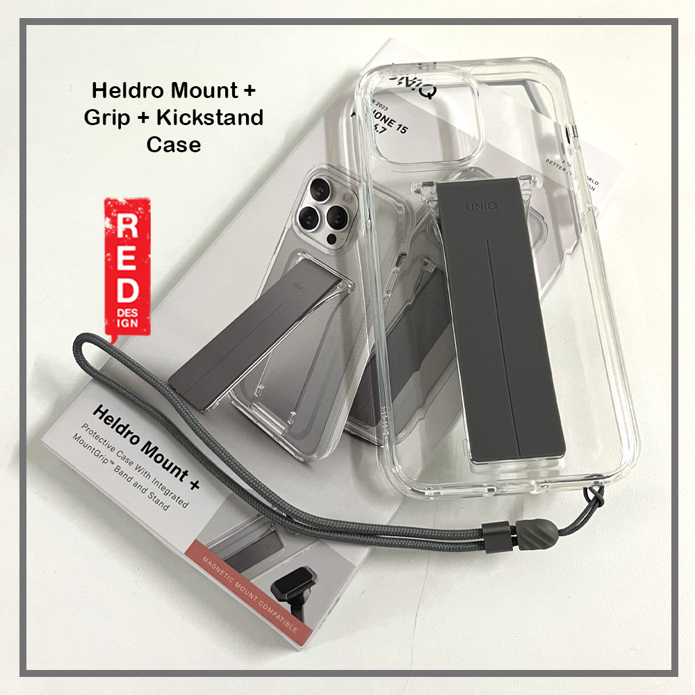Picture of Apple iPhone 15 Pro 6.1 Case | Uniq Heldro Mount Plus Free Grip Flex Grip Kickstand Drop Protection Case with Wrist Strap for iPhone 15 Pro  6.1 (Clear)