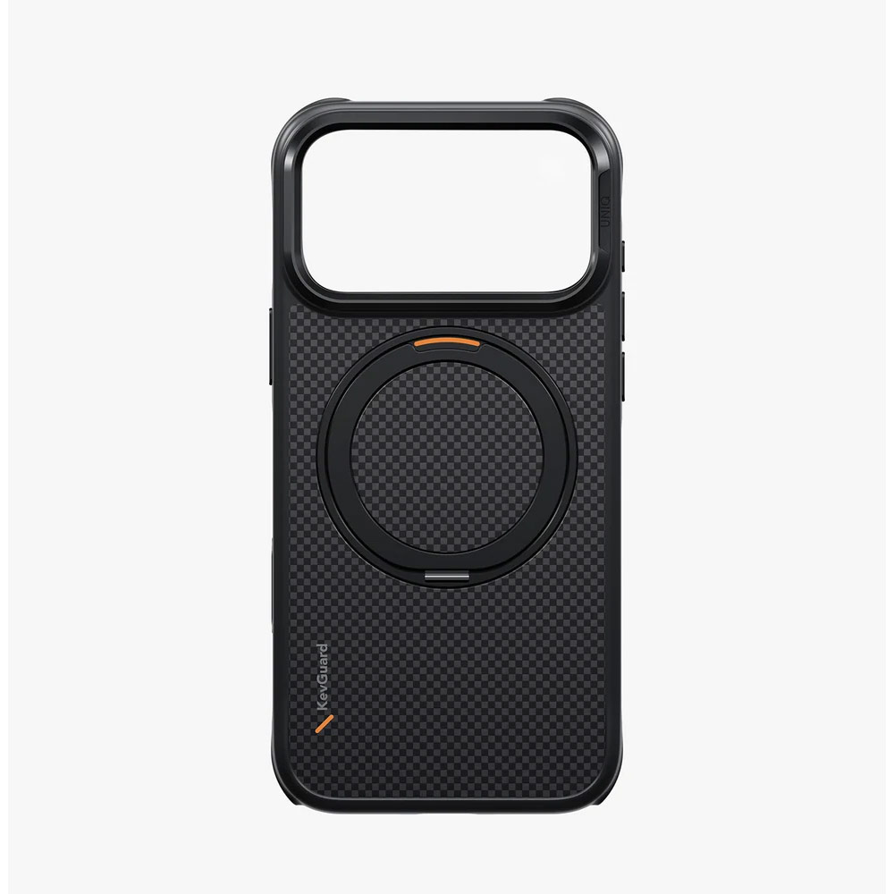 Picture of Apple iPhone 18 Pro Case | Uniq Keva Mov 360 Kickstand Aramid Magnetic Protection Case with Camera Control Button for iPhone 18 Pro - Carbon Black