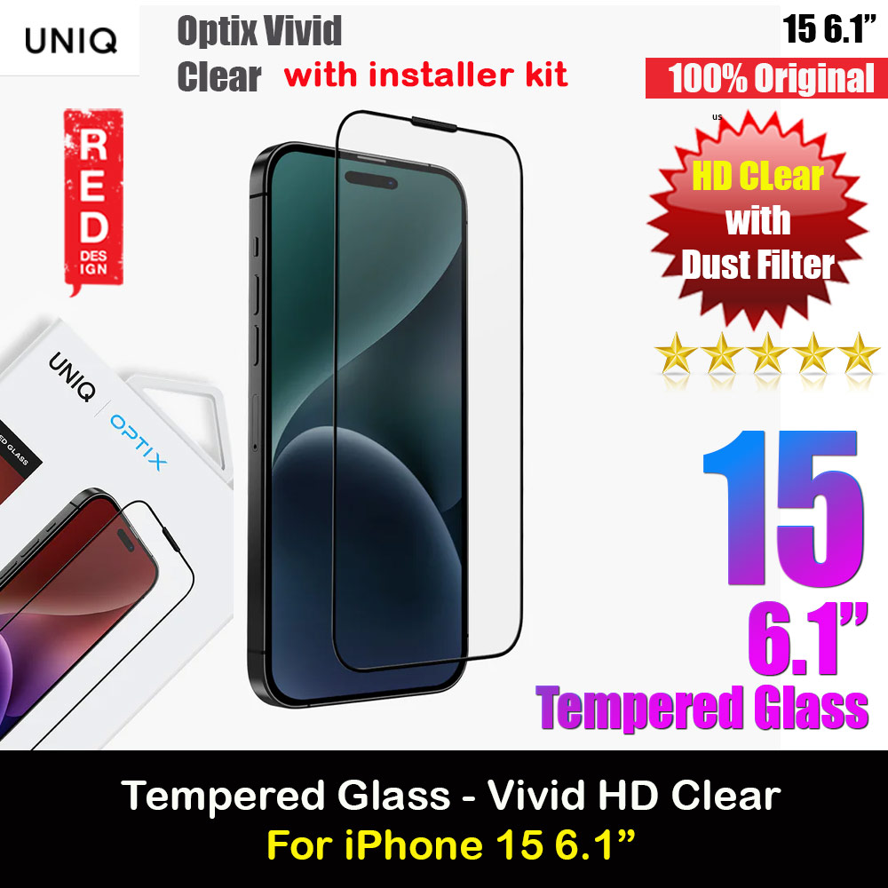Picture of Uniq Optix Vivid HD Clear 2.85D Tempered Glass Screen Protector with Installation Helper Kit for iPhone 15 6.1 (HD Clear) Apple iPhone 15 6.1- Apple iPhone 15 6.1 Cases, Apple iPhone 15 6.1 Covers, iPad Cases and a wide selection of Apple iPhone 15 6.1 Accessories in Malaysia, Sabah, Sarawak and Singapore 
