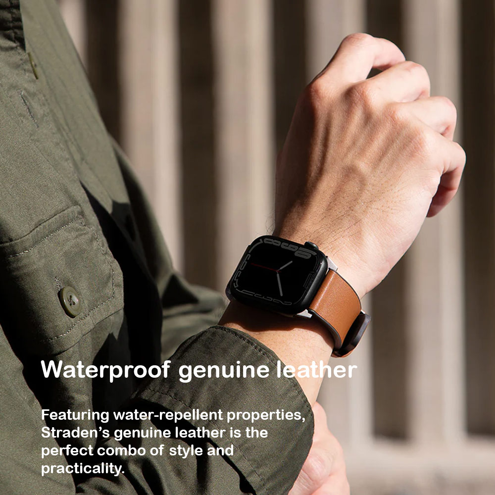 Picture of Apple Watch 42mm  | Uniq Straden Inner Silicone Outer Genuine Leather Strap for Apple Watch 49mm Ultra 45mm 44mm 42mm Series 4 5 6 7 8 SE (Brown)