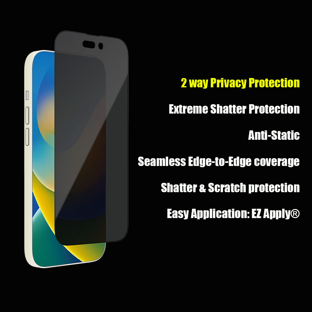 Picture of Apple iPhone 14 Pro Max 6.7 Screen Protector | Zagg Glass Elite Edge Tempered Glass Screen Protector with Easy Installation Tray for iPhone 14 Pro Max 6.7 (2 Way Privacy