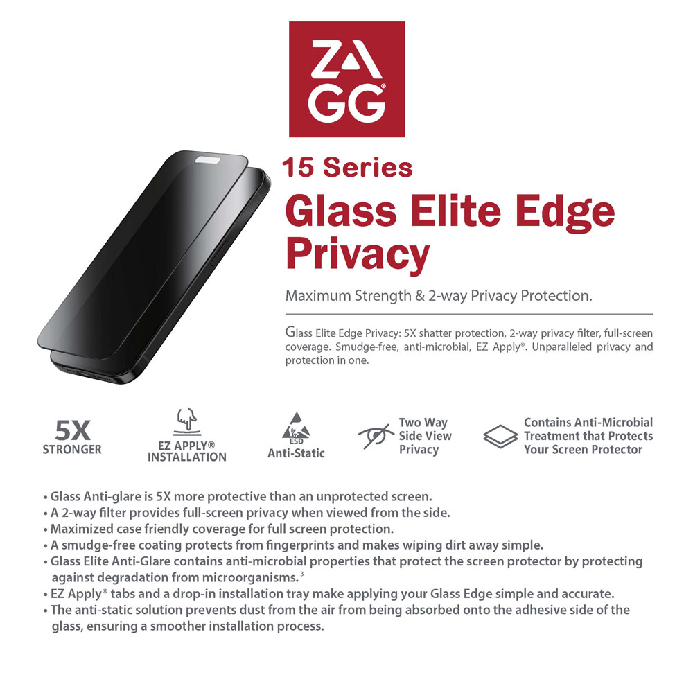 Picture of Apple iPhone 15 6.1 Screen Protector | Zagg Glass Elite Edge Anti Peep View Privacy Tempered Glass Screen Protector with Easy Installation Tray for iPhone 15 6.1 (2 Way Privacy)