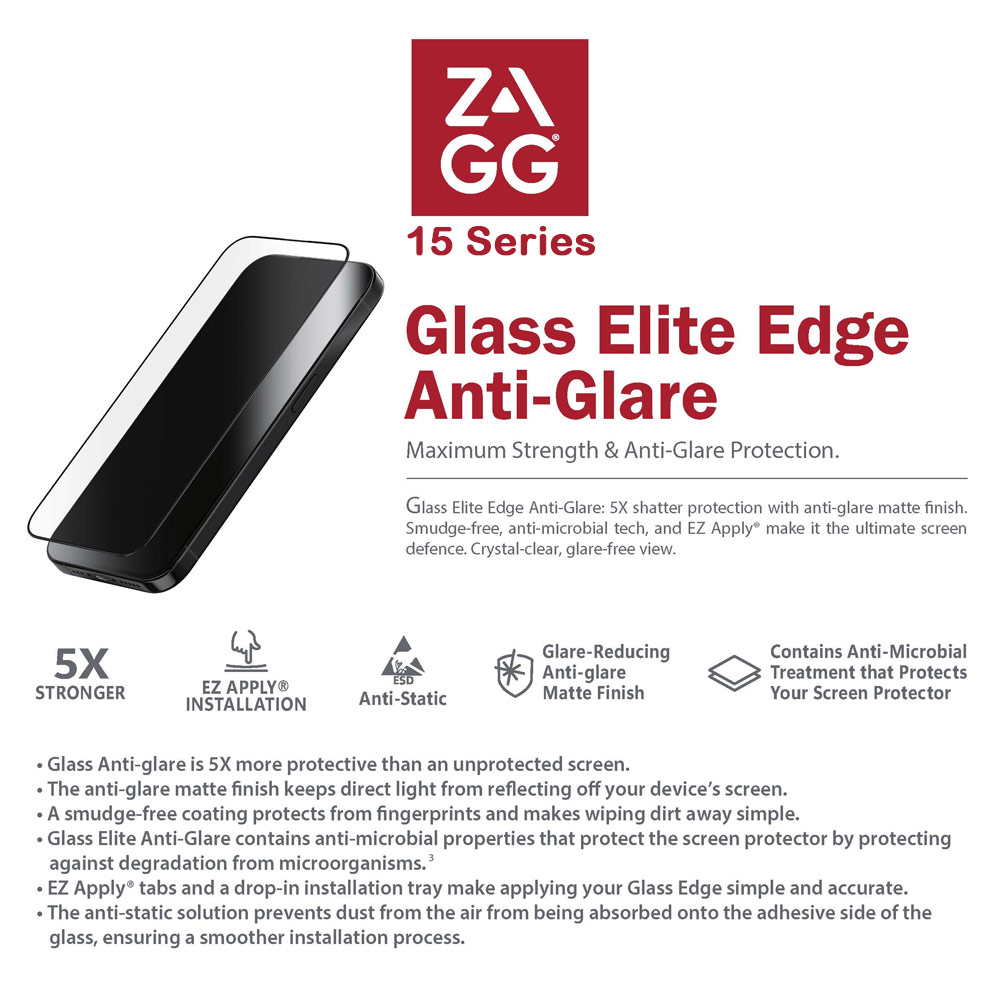 Picture of Apple iPhone 15 6.1 Screen Protector | Zagg Glass Plus Edge Anti Glare Tempered Glass Screen Protector with Easy Installation Tray for iPhone 15 6.1 (Matte)